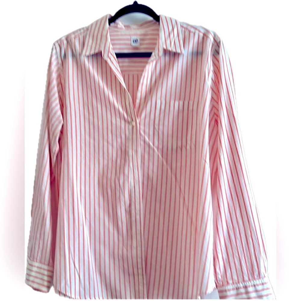 Gap Women's Button Front Shirt Striped Cotton White Coral XL